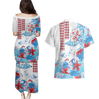 Hawaiian Tribal Manta Ray Couples Matching Puletasi and Hawaiian Shirt Kakau Tattoo and Flowers Surfing Waves Pattern Ocean Color LT03 - Polynesian Pride