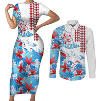 Hawaiian Tribal Manta Ray Couples Matching Short Sleeve Bodycon Dress and Long Sleeve Button Shirt Kakau Tattoo and Flowers Surfing Waves Pattern Ocean Color LT03 Multicolor - Polynesian Pride