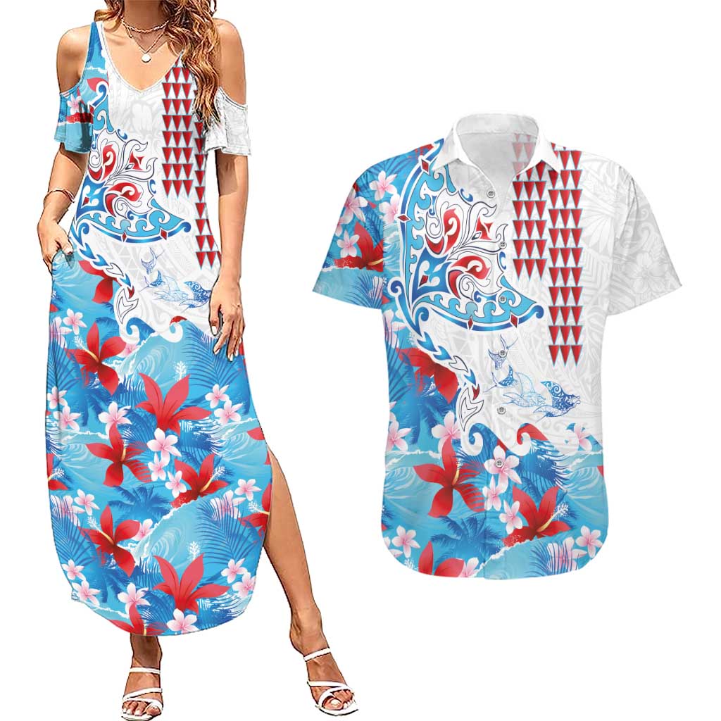 Hawaiian Tribal Manta Ray Couples Matching Summer Maxi Dress and Hawaiian Shirt Kakau Tattoo and Flowers Surfing Waves Pattern Ocean Color