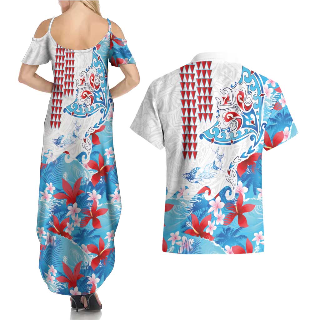 Hawaiian Tribal Manta Ray Couples Matching Summer Maxi Dress and Hawaiian Shirt Kakau Tattoo and Flowers Surfing Waves Pattern Ocean Color LT03 - Polynesian Pride