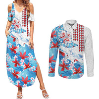 Hawaiian Tribal Manta Ray Couples Matching Summer Maxi Dress and Long Sleeve Button Shirt Kakau Tattoo and Flowers Surfing Waves Pattern Ocean Color LT03 Multicolor - Polynesian Pride