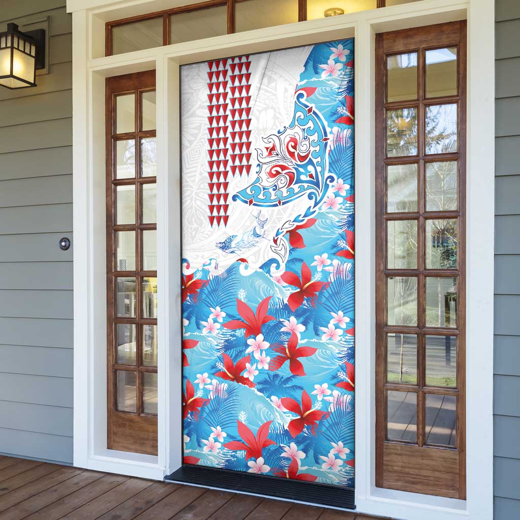 Hawaiian Tribal Manta Ray Door Cover Kakau Tattoo and Flowers Surfing Waves Pattern Ocean Color