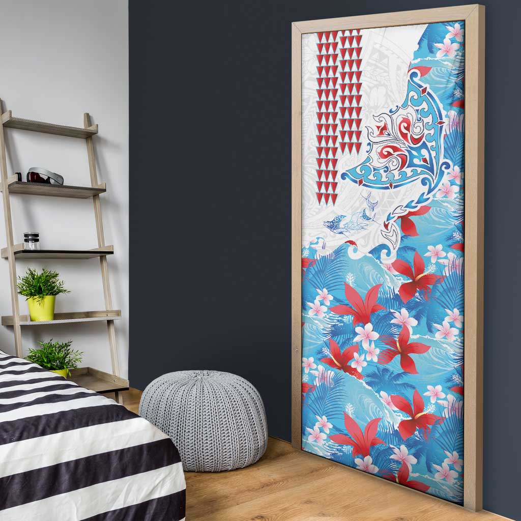 Hawaiian Tribal Manta Ray Door Cover Kakau Tattoo and Flowers Surfing Waves Pattern Ocean Color