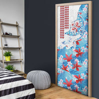 Hawaiian Tribal Manta Ray Door Cover Kakau Tattoo and Flowers Surfing Waves Pattern Ocean Color