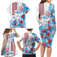 Hawaiian Tribal Manta Ray Family Matching Long Sleeve Bodycon Dress and Hawaiian Shirt Kakau Tattoo and Flowers Surfing Waves Pattern Ocean Color LT03 - Polynesian Pride