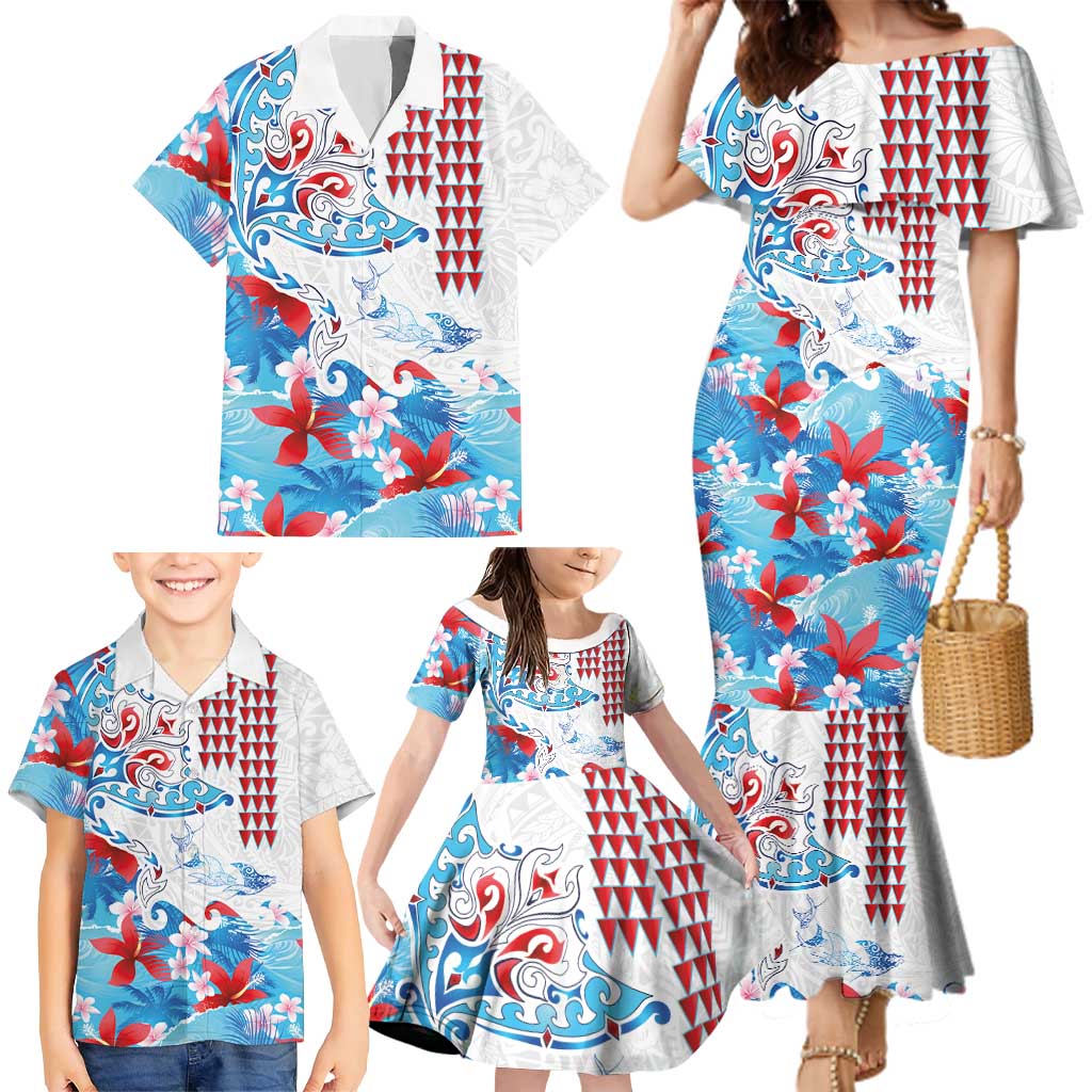 Hawaiian Tribal Manta Ray Family Matching Mermaid Dress and Hawaiian Shirt Kakau Tattoo and Flowers Surfing Waves Pattern Ocean Color