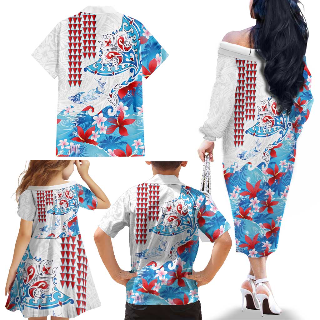 Hawaiian Tribal Manta Ray Family Matching Off The Shoulder Long Sleeve Dress and Hawaiian Shirt Kakau Tattoo and Flowers Surfing Waves Pattern Ocean Color LT03 - Polynesian Pride