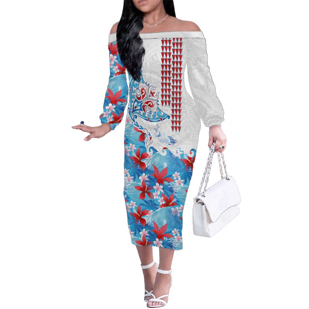 Hawaiian Tribal Manta Ray Family Matching Off The Shoulder Long Sleeve Dress and Hawaiian Shirt Kakau Tattoo and Flowers Surfing Waves Pattern Ocean Color LT03 Mom's Dress Multicolor - Polynesian Pride