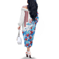 Hawaiian Tribal Manta Ray Family Matching Off The Shoulder Long Sleeve Dress and Hawaiian Shirt Kakau Tattoo and Flowers Surfing Waves Pattern Ocean Color LT03 - Polynesian Pride