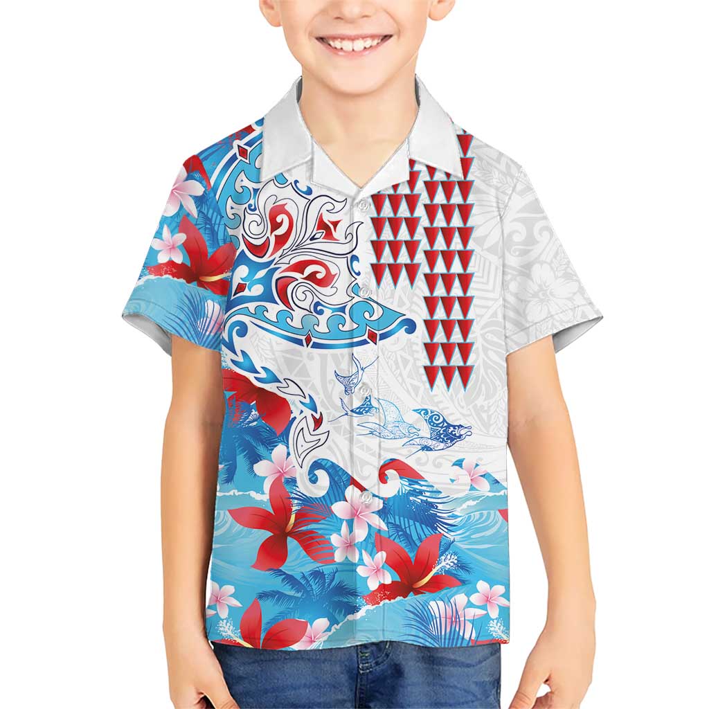 Hawaiian Tribal Manta Ray Family Matching Off The Shoulder Long Sleeve Dress and Hawaiian Shirt Kakau Tattoo and Flowers Surfing Waves Pattern Ocean Color LT03 Son's Shirt Multicolor - Polynesian Pride