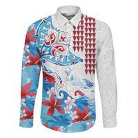 Hawaiian Tribal Manta Ray Family Matching Off Shoulder Maxi Dress and Hawaiian Shirt Kakau Tattoo and Flowers Surfing Waves Pattern Ocean Color LT03 Dad's Shirt - Long Sleeve Multicolor - Polynesian Pride