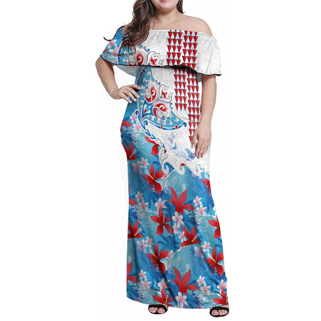 Hawaiian Tribal Manta Ray Family Matching Off Shoulder Maxi Dress and Hawaiian Shirt Kakau Tattoo and Flowers Surfing Waves Pattern Ocean Color LT03 Mom's Dress Multicolor - Polynesian Pride