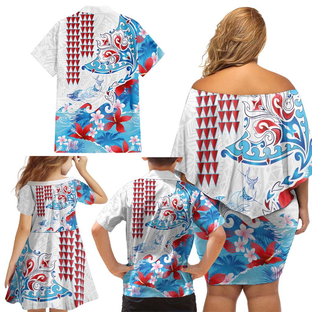 Hawaiian Tribal Manta Ray Family Matching Off Shoulder Short Dress and Hawaiian Shirt Kakau Tattoo and Flowers Surfing Waves Pattern Ocean Color LT03 - Polynesian Pride
