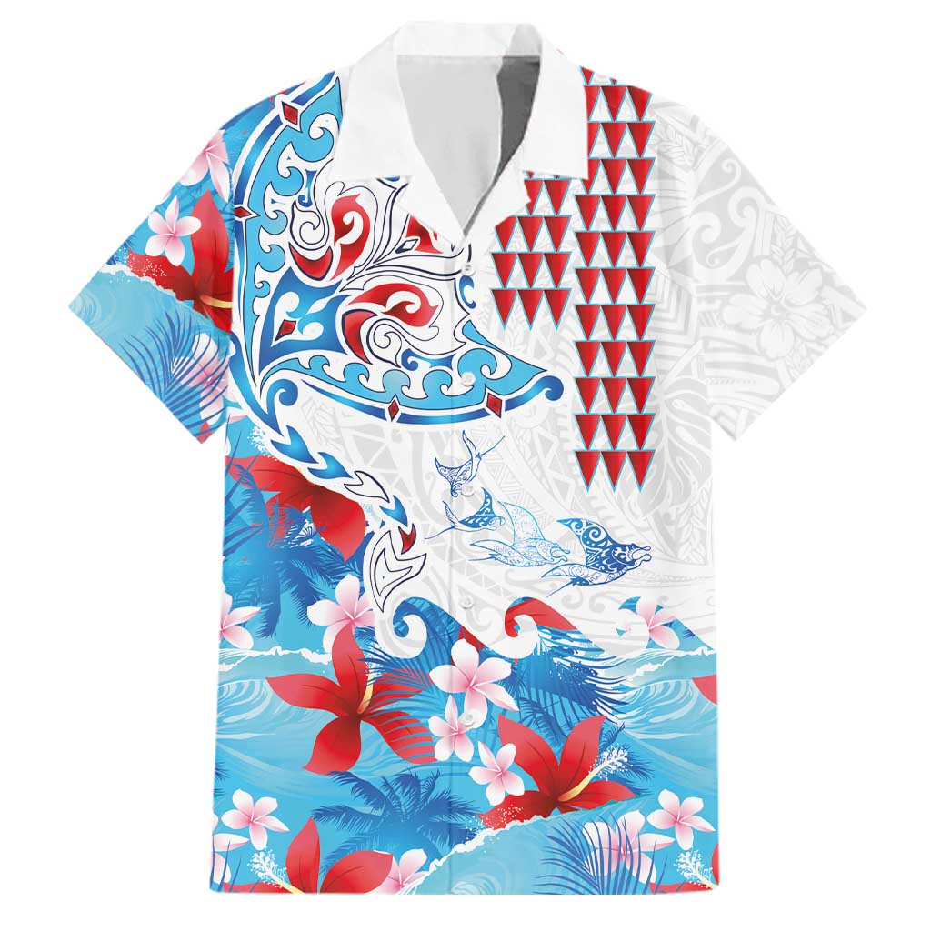 Hawaiian Tribal Manta Ray Family Matching Off Shoulder Short Dress and Hawaiian Shirt Kakau Tattoo and Flowers Surfing Waves Pattern Ocean Color LT03 Dad's Shirt - Short Sleeve Multicolor - Polynesian Pride