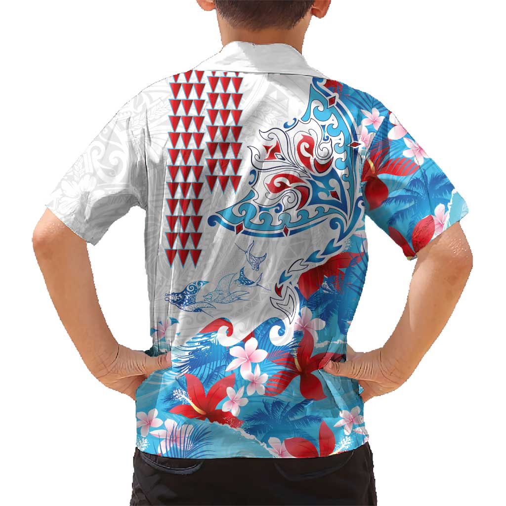 Hawaiian Tribal Manta Ray Family Matching Puletasi and Hawaiian Shirt Kakau Tattoo and Flowers Surfing Waves Pattern Ocean Color LT03 - Polynesian Pride