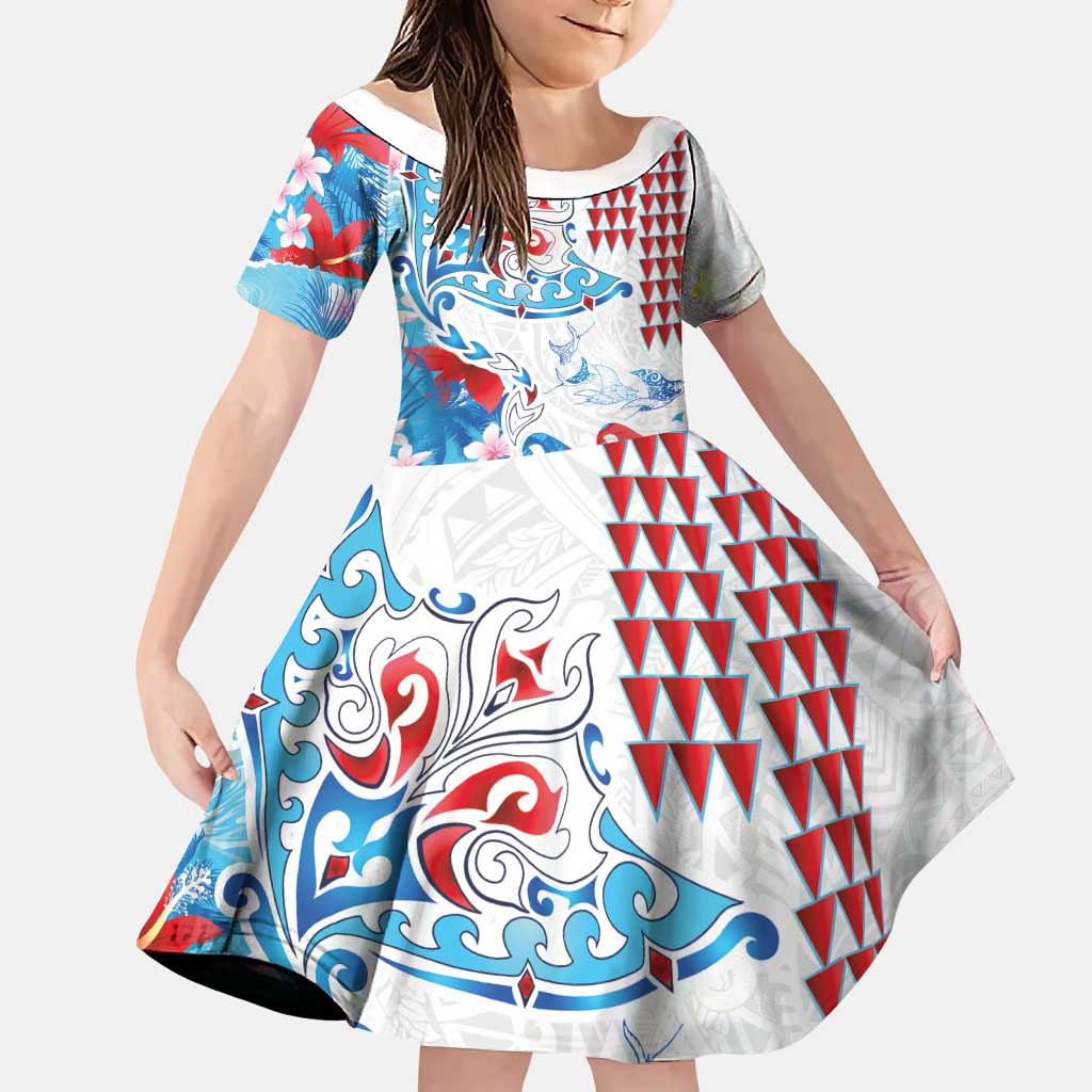 Hawaiian Tribal Manta Ray Family Matching Puletasi and Hawaiian Shirt Kakau Tattoo and Flowers Surfing Waves Pattern Ocean Color LT03 Daughter's Dress Multicolor - Polynesian Pride