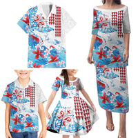 Hawaiian Tribal Manta Ray Family Matching Puletasi and Hawaiian Shirt Kakau Tattoo and Flowers Surfing Waves Pattern Ocean Color LT03 - Polynesian Pride