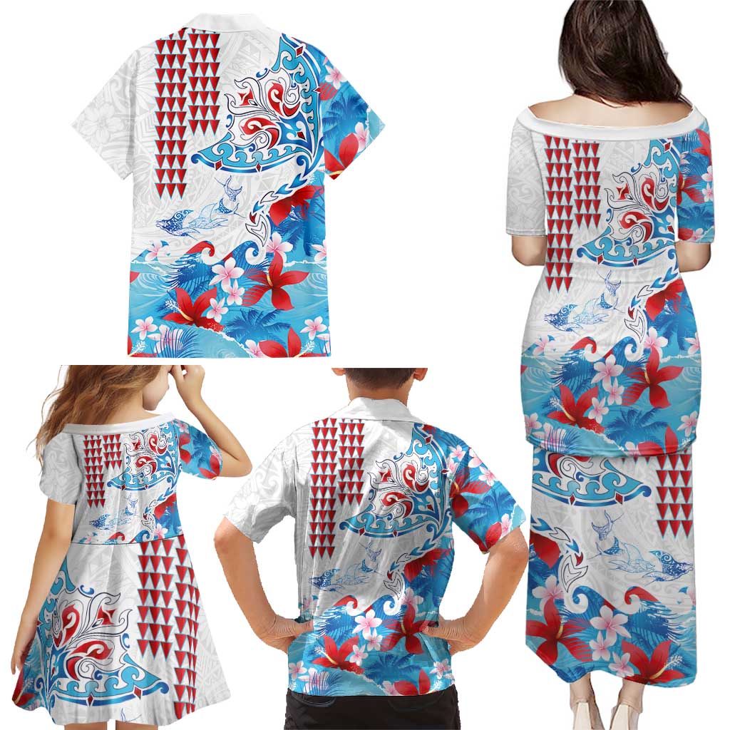 Hawaiian Tribal Manta Ray Family Matching Puletasi and Hawaiian Shirt Kakau Tattoo and Flowers Surfing Waves Pattern Ocean Color LT03 - Polynesian Pride