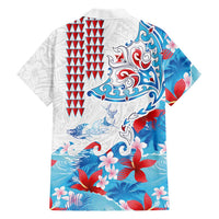 Hawaiian Tribal Manta Ray Family Matching Puletasi and Hawaiian Shirt Kakau Tattoo and Flowers Surfing Waves Pattern Ocean Color LT03 - Polynesian Pride
