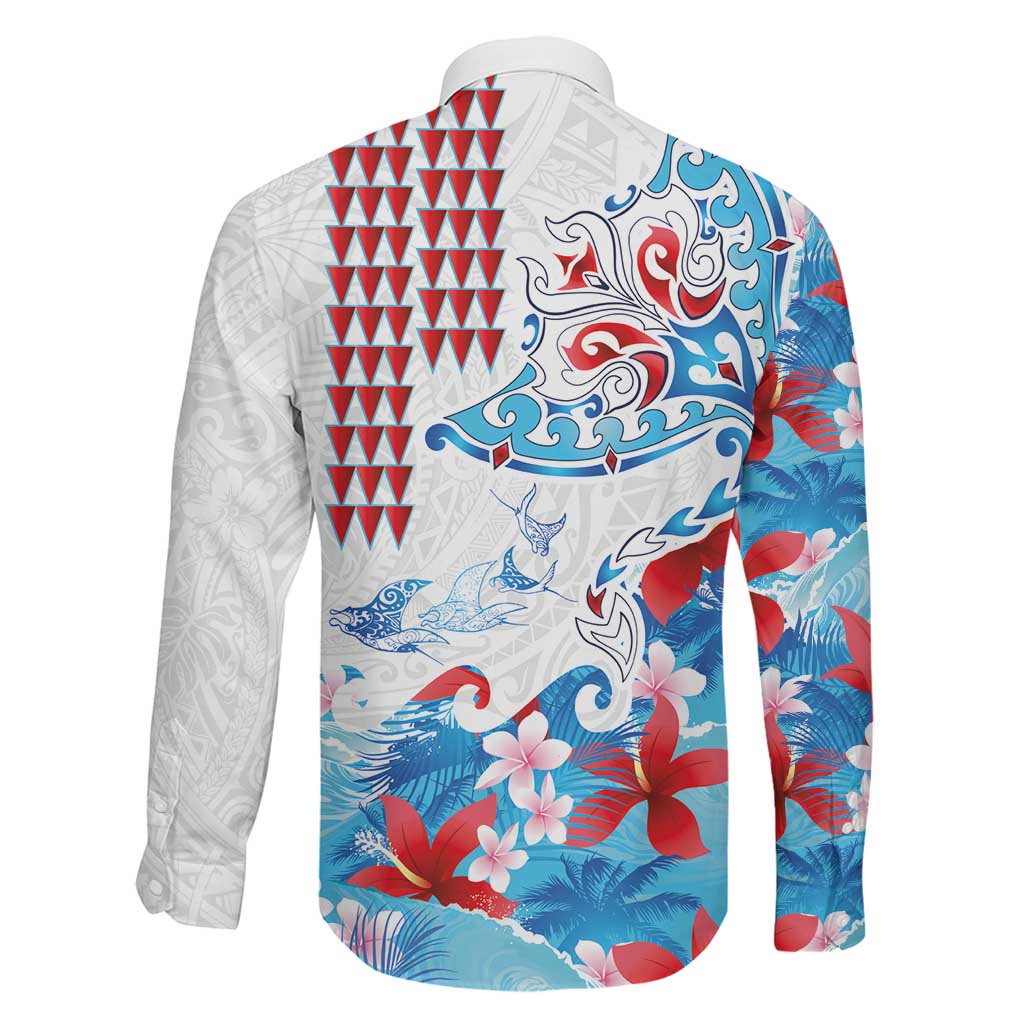 Hawaiian Tribal Manta Ray Family Matching Puletasi and Hawaiian Shirt Kakau Tattoo and Flowers Surfing Waves Pattern Ocean Color LT03 - Polynesian Pride