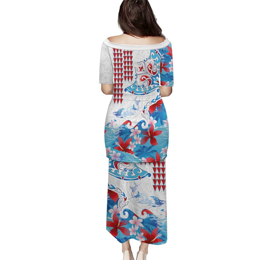 Hawaiian Tribal Manta Ray Family Matching Puletasi and Hawaiian Shirt Kakau Tattoo and Flowers Surfing Waves Pattern Ocean Color LT03 - Polynesian Pride