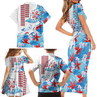 Hawaiian Tribal Manta Ray Family Matching Short Sleeve Bodycon Dress and Hawaiian Shirt Kakau Tattoo and Flowers Surfing Waves Pattern Ocean Color LT03 - Polynesian Pride