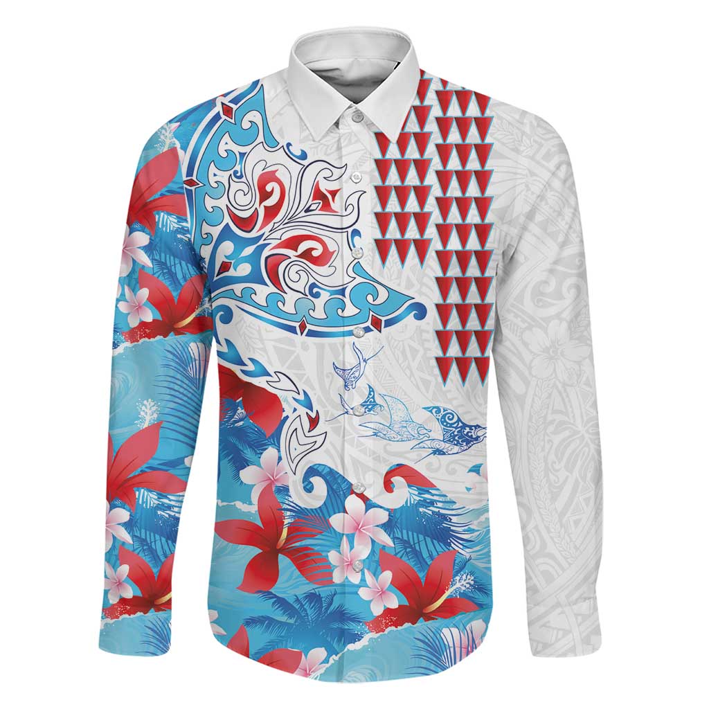 Hawaiian Tribal Manta Ray Family Matching Short Sleeve Bodycon Dress and Hawaiian Shirt Kakau Tattoo and Flowers Surfing Waves Pattern Ocean Color LT03 Dad's Shirt - Long Sleeve Multicolor - Polynesian Pride