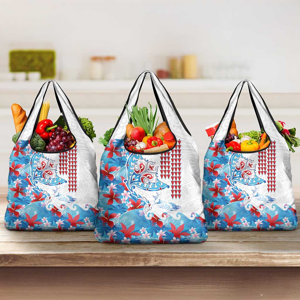 Hawaiian Tribal Manta Ray Grocery Bag Kakau Tattoo and Flowers Surfing Waves Pattern Ocean Color