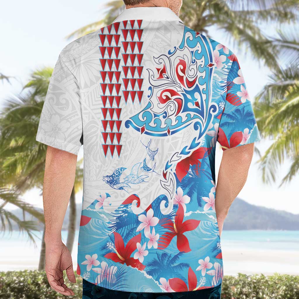 Hawaiian Tribal Manta Ray Hawaiian Shirt Kakau Tattoo and Flowers Surfing Waves Pattern Ocean Color