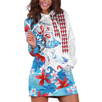 Hawaiian Tribal Manta Ray Hoodie Dress Kakau Tattoo and Flowers Surfing Waves Pattern Ocean Color LT03 Multicolor - Polynesian Pride