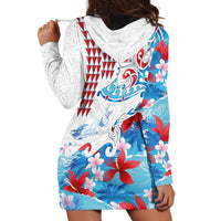 Hawaiian Tribal Manta Ray Hoodie Dress Kakau Tattoo and Flowers Surfing Waves Pattern Ocean Color LT03 - Polynesian Pride
