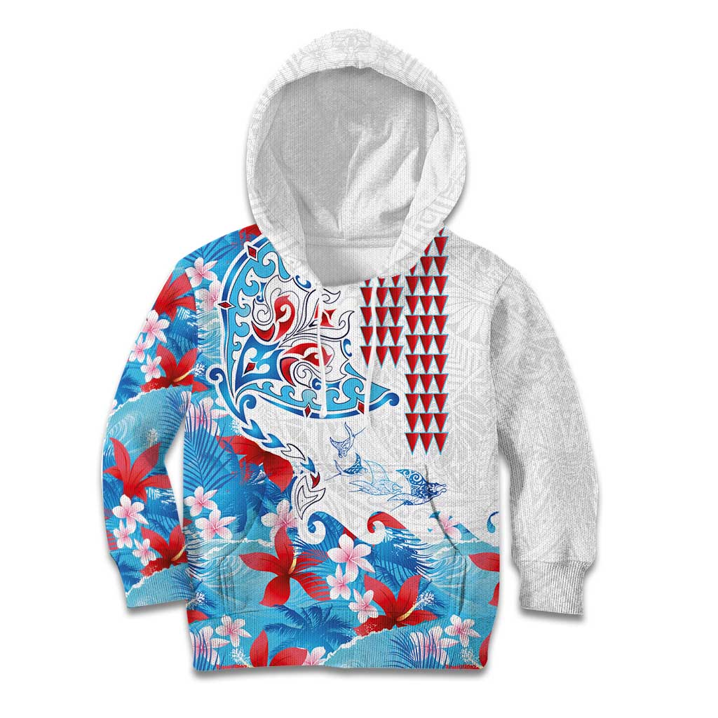 Hawaiian Tribal Manta Ray Kid Hoodie Kakau Tattoo and Flowers Surfing Waves Pattern Ocean Color