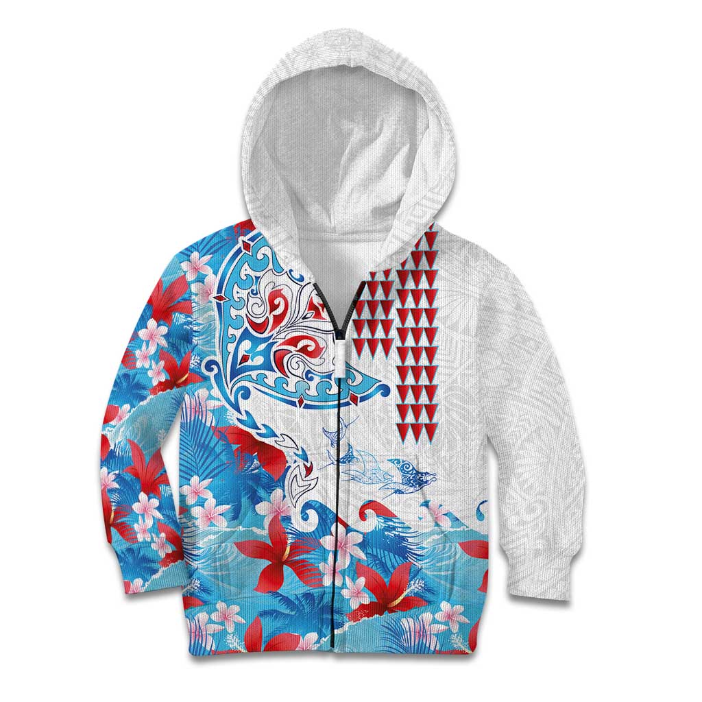 Hawaiian Tribal Manta Ray Kid Hoodie Kakau Tattoo and Flowers Surfing Waves Pattern Ocean Color