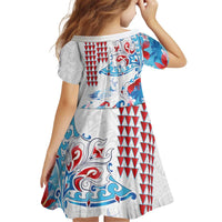 Hawaiian Tribal Manta Ray Kid Short Sleeve Dress Kakau Tattoo and Flowers Surfing Waves Pattern Ocean Color LT03 - Polynesian Pride
