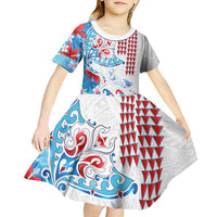 Hawaiian Tribal Manta Ray Kid Short Sleeve Dress Kakau Tattoo and Flowers Surfing Waves Pattern Ocean Color LT03 - Polynesian Pride