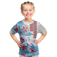 Hawaiian Tribal Manta Ray Kid T Shirt Kakau Tattoo and Flowers Surfing Waves Pattern Ocean Color