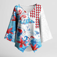 Hawaiian Tribal Manta Ray Kimono Sleeve Blouse Kakau Tattoo and Flowers Surfing Waves Pattern Ocean Color