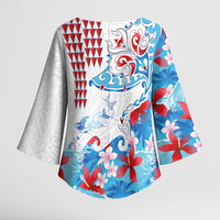 Hawaiian Tribal Manta Ray Kimono Sleeve Blouse Kakau Tattoo and Flowers Surfing Waves Pattern Ocean Color