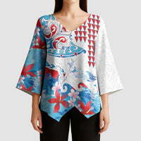 Hawaiian Tribal Manta Ray Kimono Sleeve Blouse Kakau Tattoo and Flowers Surfing Waves Pattern Ocean Color