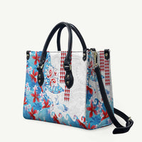 Hawaiian Tribal Manta Ray Leather Bag Kakau Tattoo and Flowers Surfing Waves Pattern Ocean Color
