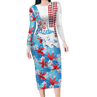 Hawaiian Tribal Manta Ray Long Sleeve Bodycon Dress Kakau Tattoo and Flowers Surfing Waves Pattern Ocean Color LT03 Long Dress Multicolor - Polynesian Pride