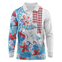 Hawaiian Tribal Manta Ray Long Sleeve Polo Shirt Kakau Tattoo and Flowers Surfing Waves Pattern Ocean Color LT03 Multicolor - Polynesian Pride