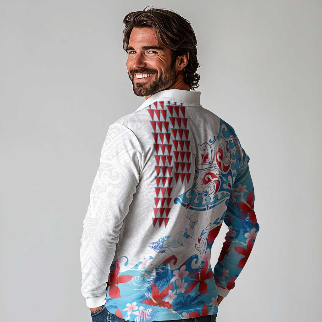 Hawaiian Tribal Manta Ray Long Sleeve Polo Shirt Kakau Tattoo and Flowers Surfing Waves Pattern Ocean Color LT03 - Polynesian Pride