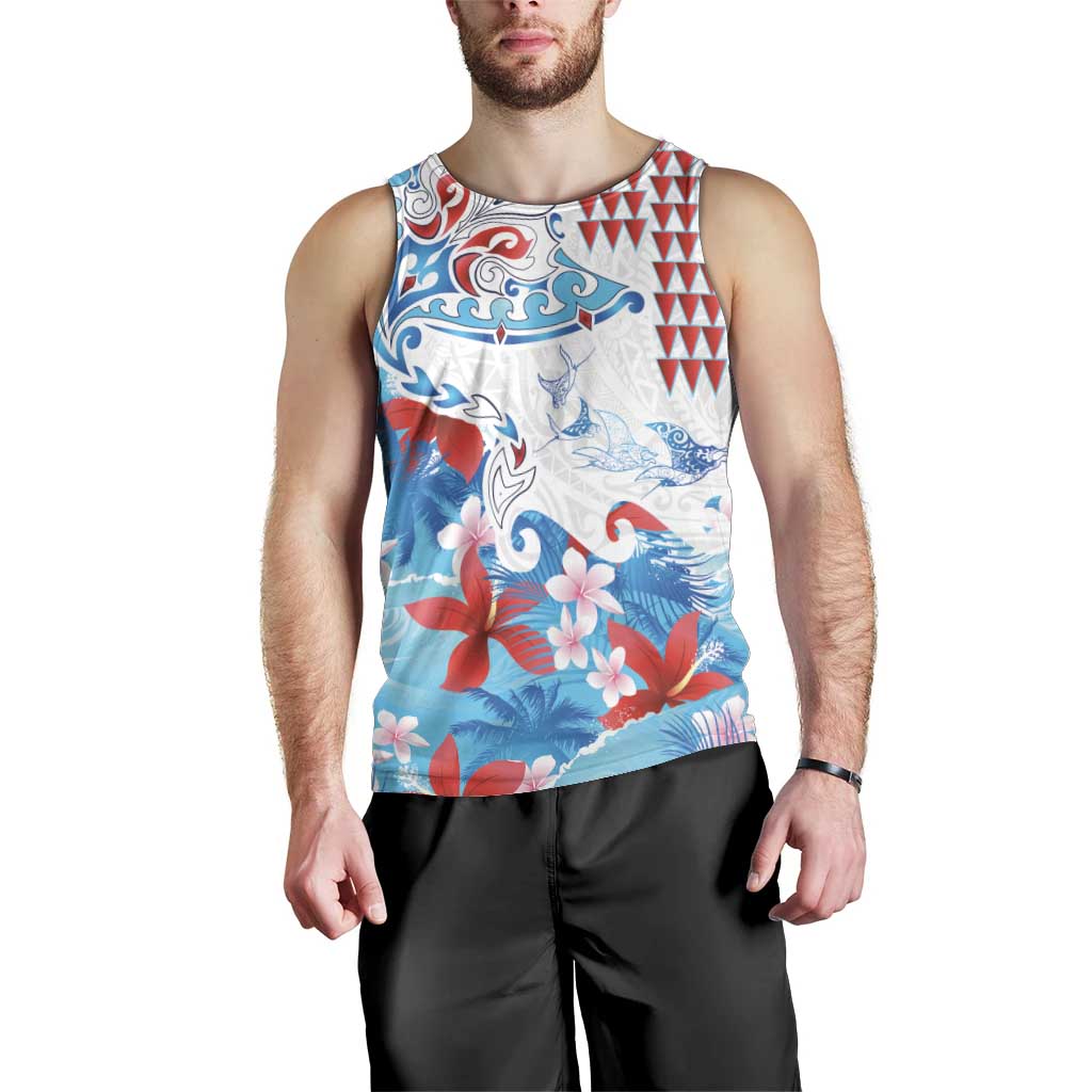 Hawaiian Tribal Manta Ray Men Tank Top Kakau Tattoo and Flowers Surfing Waves Pattern Ocean Color