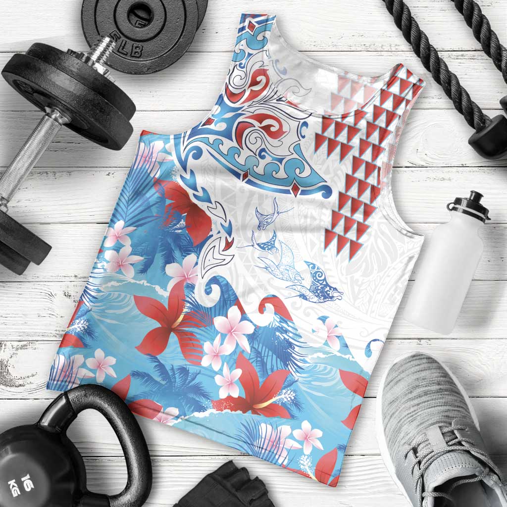 Hawaiian Tribal Manta Ray Men Tank Top Kakau Tattoo and Flowers Surfing Waves Pattern Ocean Color