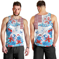 Hawaiian Tribal Manta Ray Men Tank Top Kakau Tattoo and Flowers Surfing Waves Pattern Ocean Color