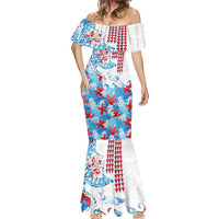 Hawaiian Tribal Manta Ray Mermaid Dress Kakau Tattoo and Flowers Surfing Waves Pattern Ocean Color LT03 - Polynesian Pride