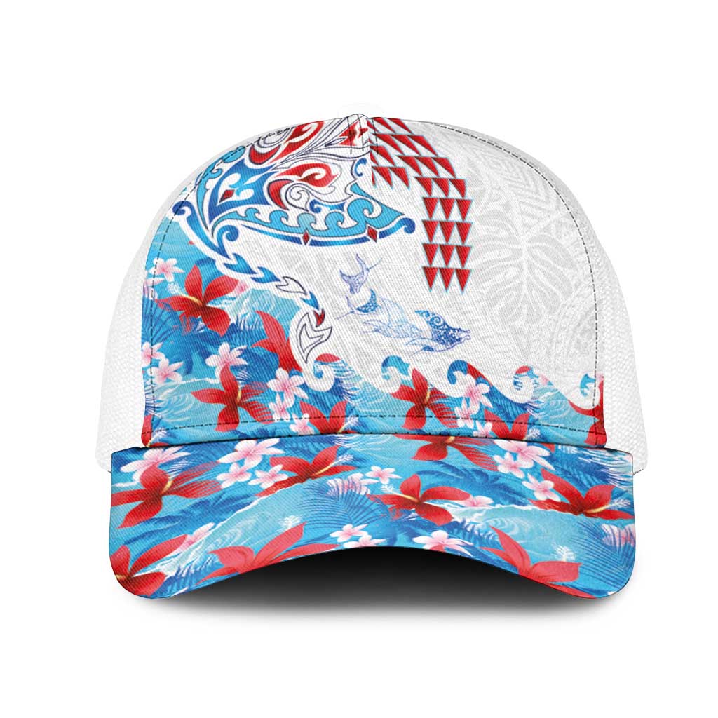Hawaiian Tribal Manta Ray Mesh Trucker Cap Kakau Tattoo and Flowers Surfing Waves Pattern Ocean Color
