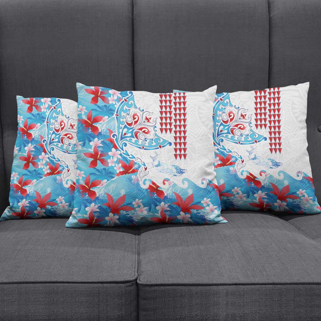 Hawaiian Tribal Manta Ray Pillow Cover Kakau Tattoo and Flowers Surfing Waves Pattern Ocean Color