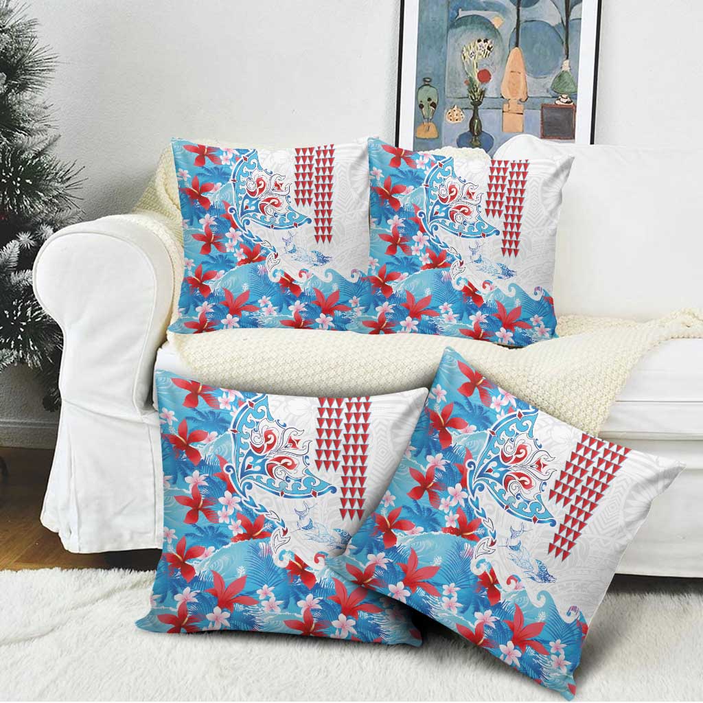 Hawaiian Tribal Manta Ray Pillow Cover Kakau Tattoo and Flowers Surfing Waves Pattern Ocean Color